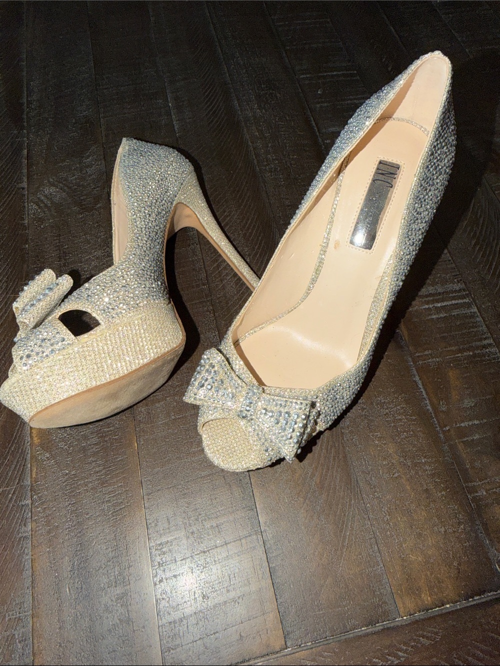 INC International Concepts Champagne Crystal Bow Peep-Toe Pumps